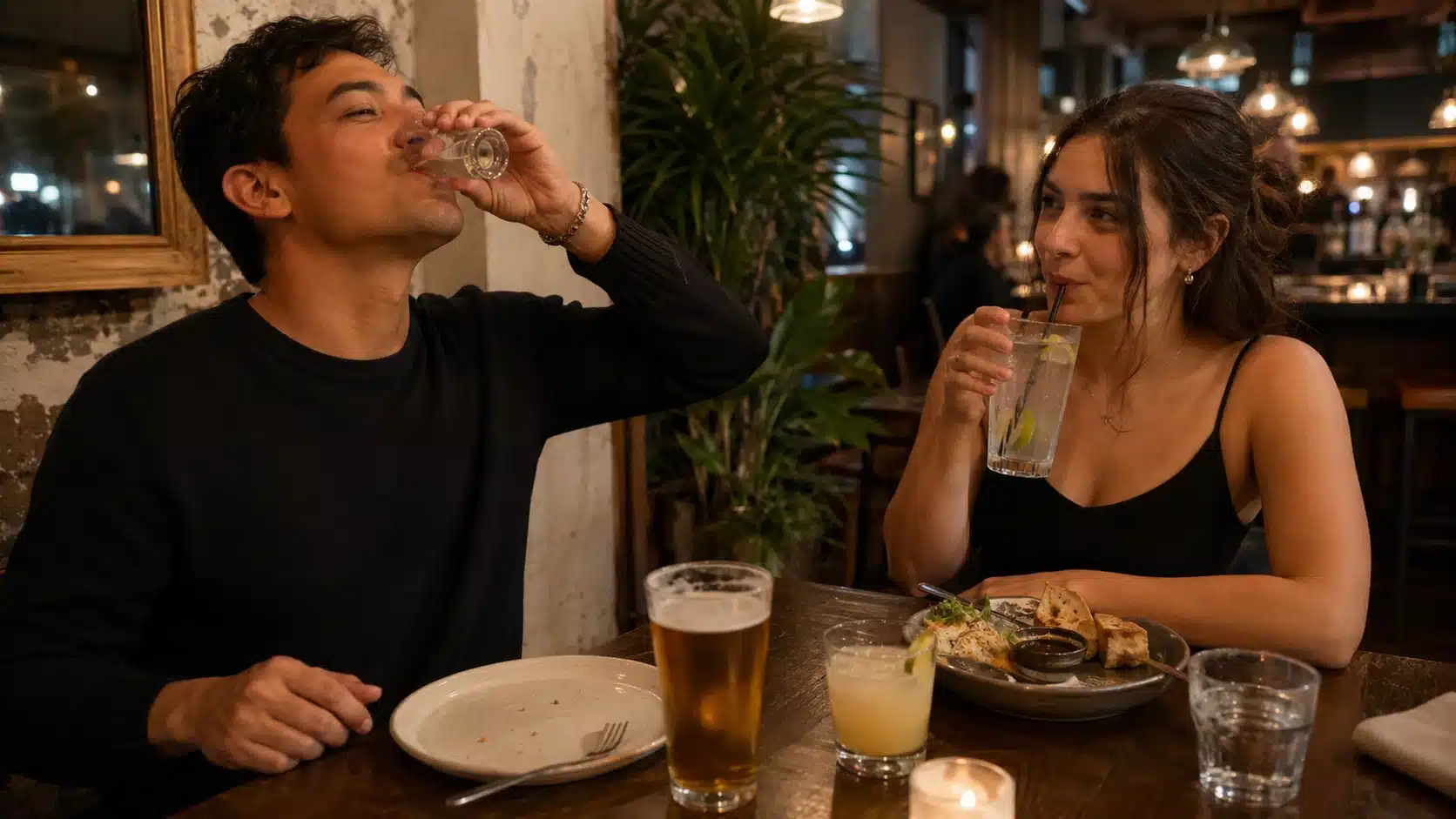 two friends drinking at a bar table with cocktails beer water and food under warm evening lighting indoors