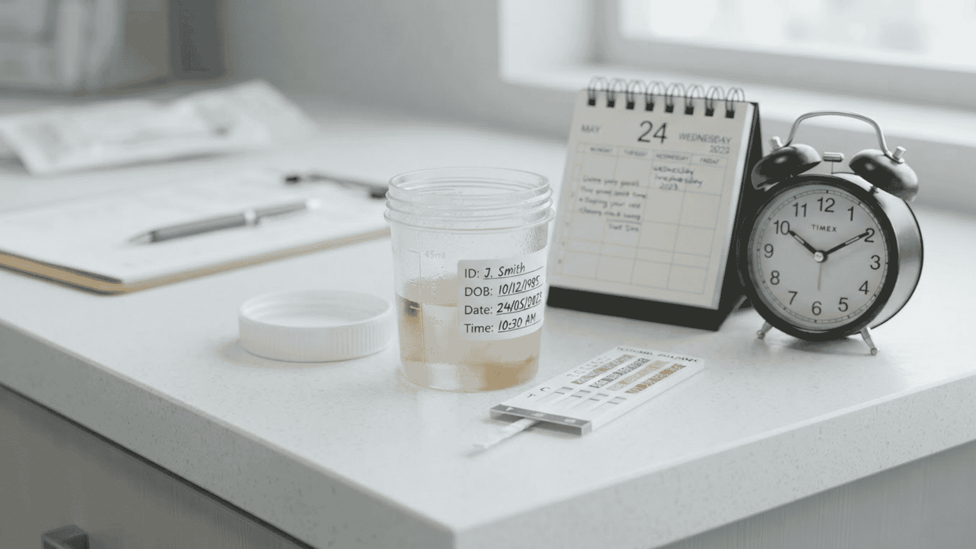 urine specimen cup and test strip next to a calendar and clock representing delta 8 detection time