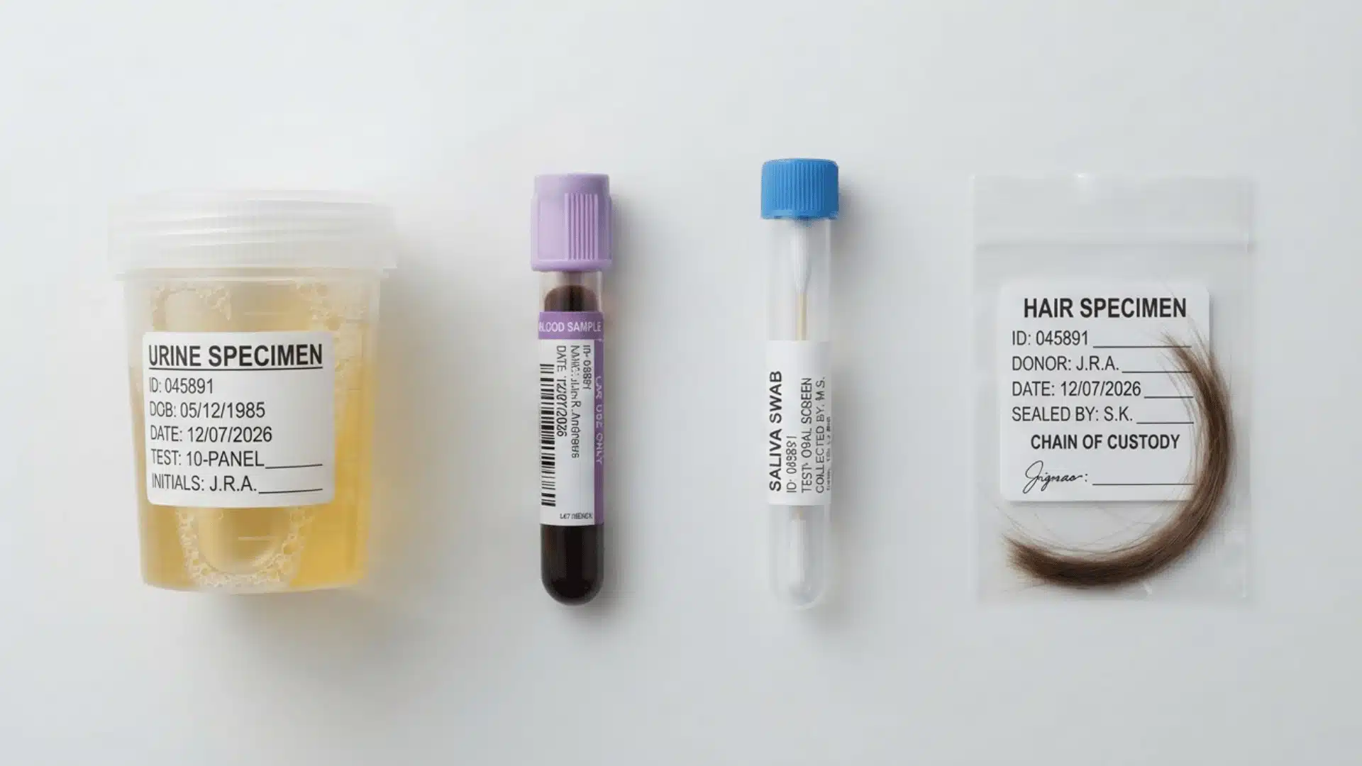 four types of drug test samples urine blood saliva and hair arranged side by side for comparison