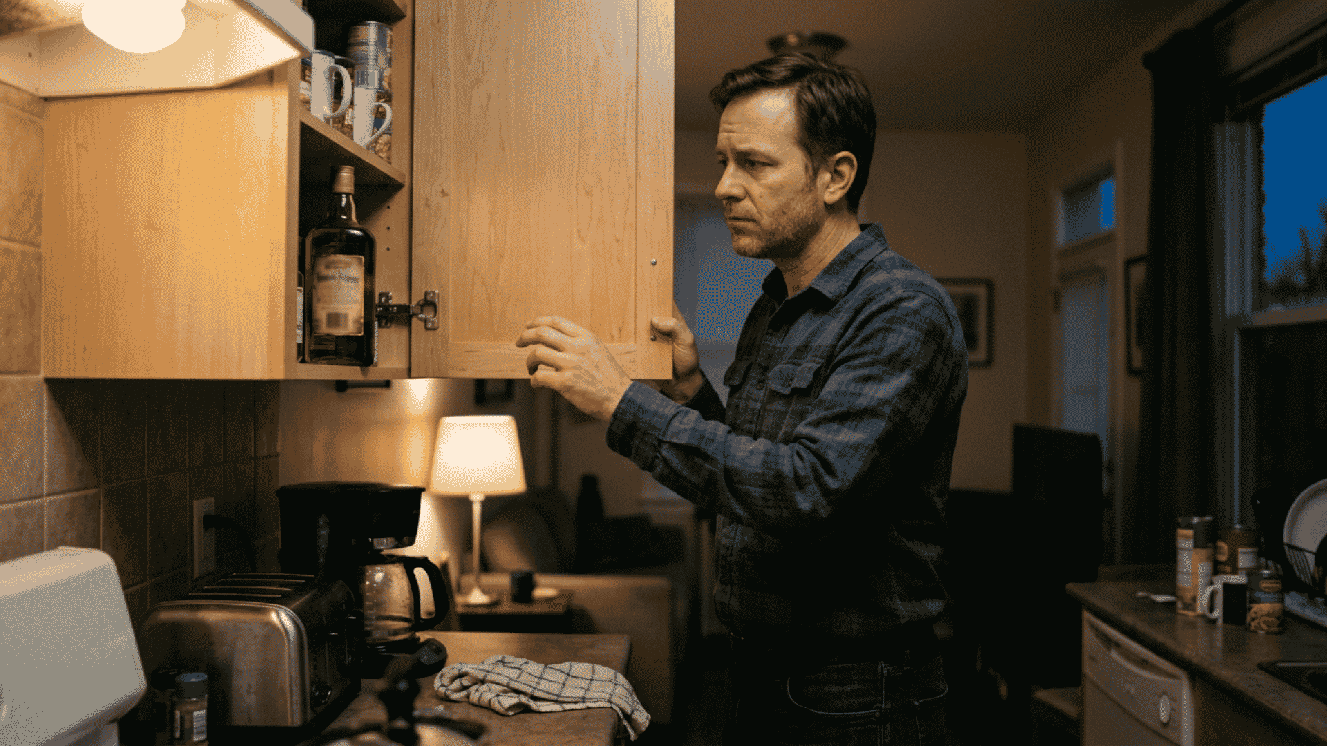 person reaching out to kitchen cabinet while struggling with an urge to drink alcohol