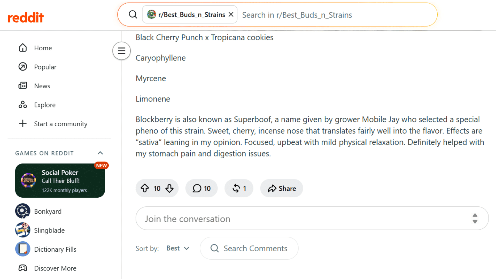 reddit post describing blockberry genetics terpenes flavor and reported effects from a cannabis community review