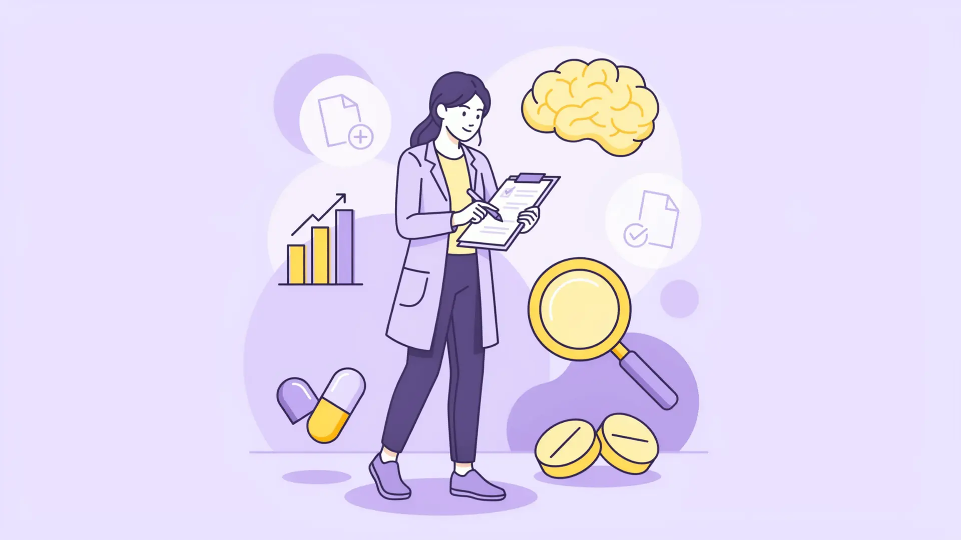 vector showing research papers magnifying glass pills and brain on a purple background