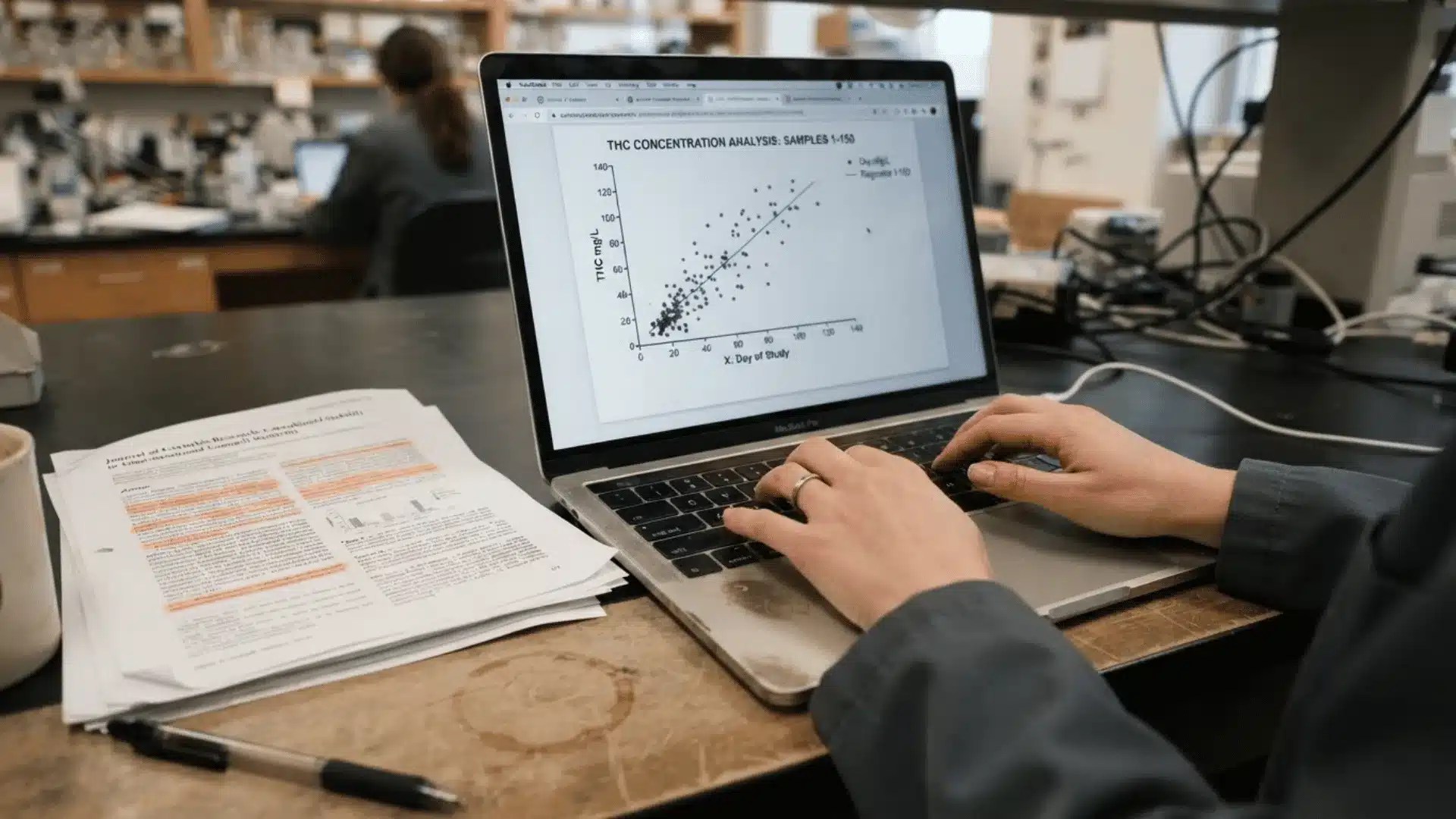 researchers hands typing on a laptop showing a scatter plot of thc drug test results