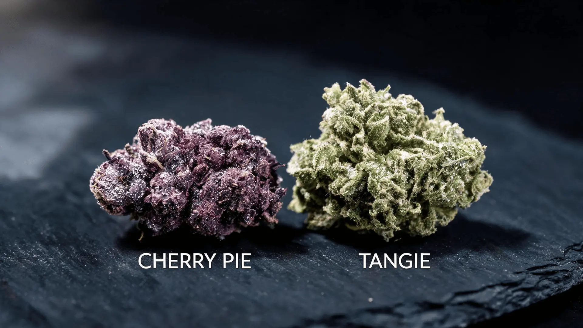 cherry pie and tangie cannabis buds shown side by side