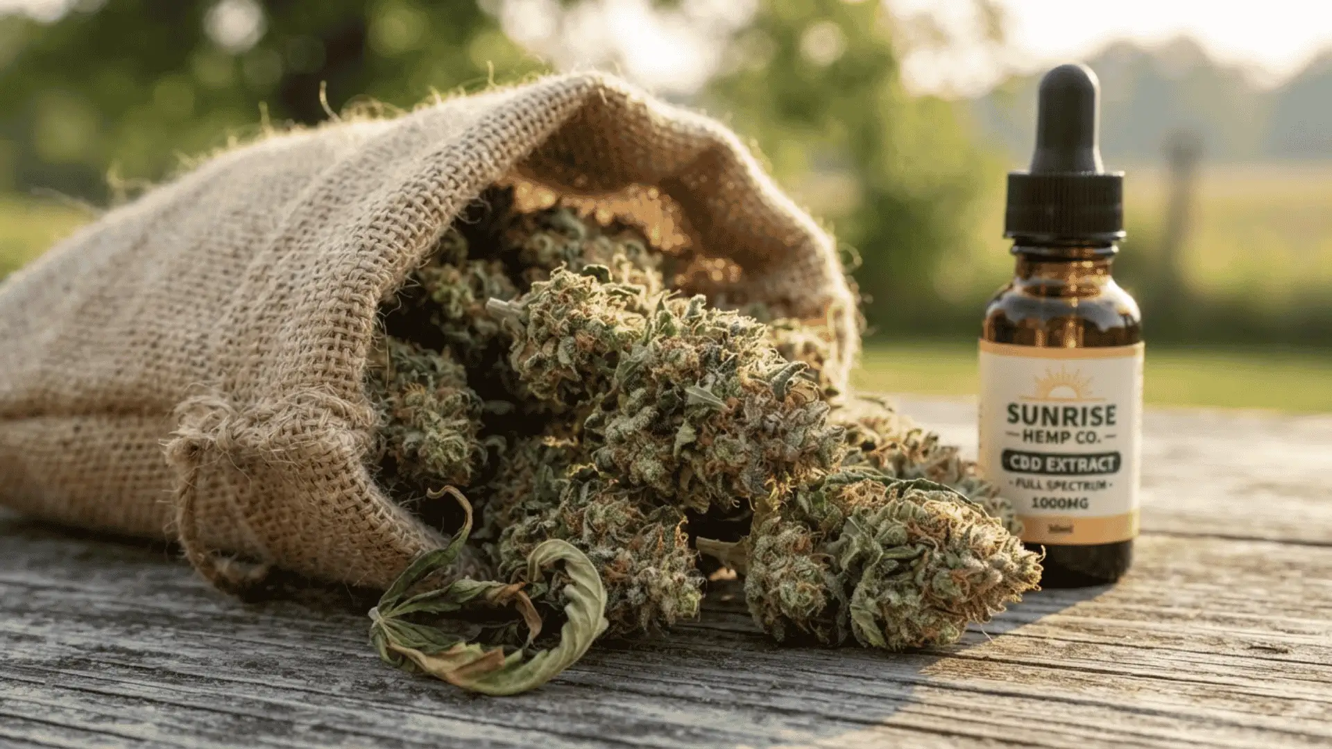 raw hemp flower buds spilling from a burlap sack beside a small amber cbd tincture bottle