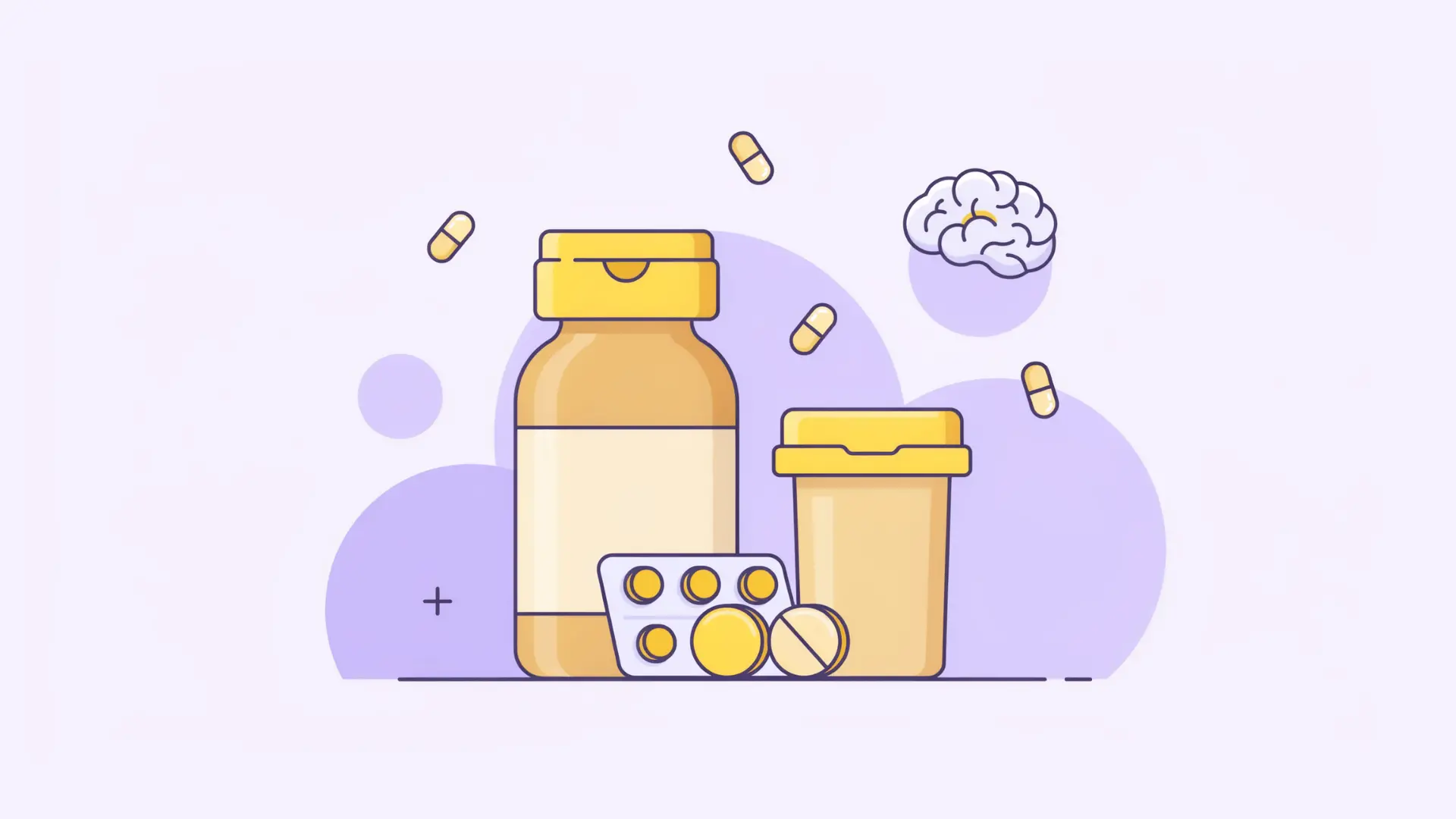 vector illustration of prescription pills bottle blister pack and brain icons on purple background