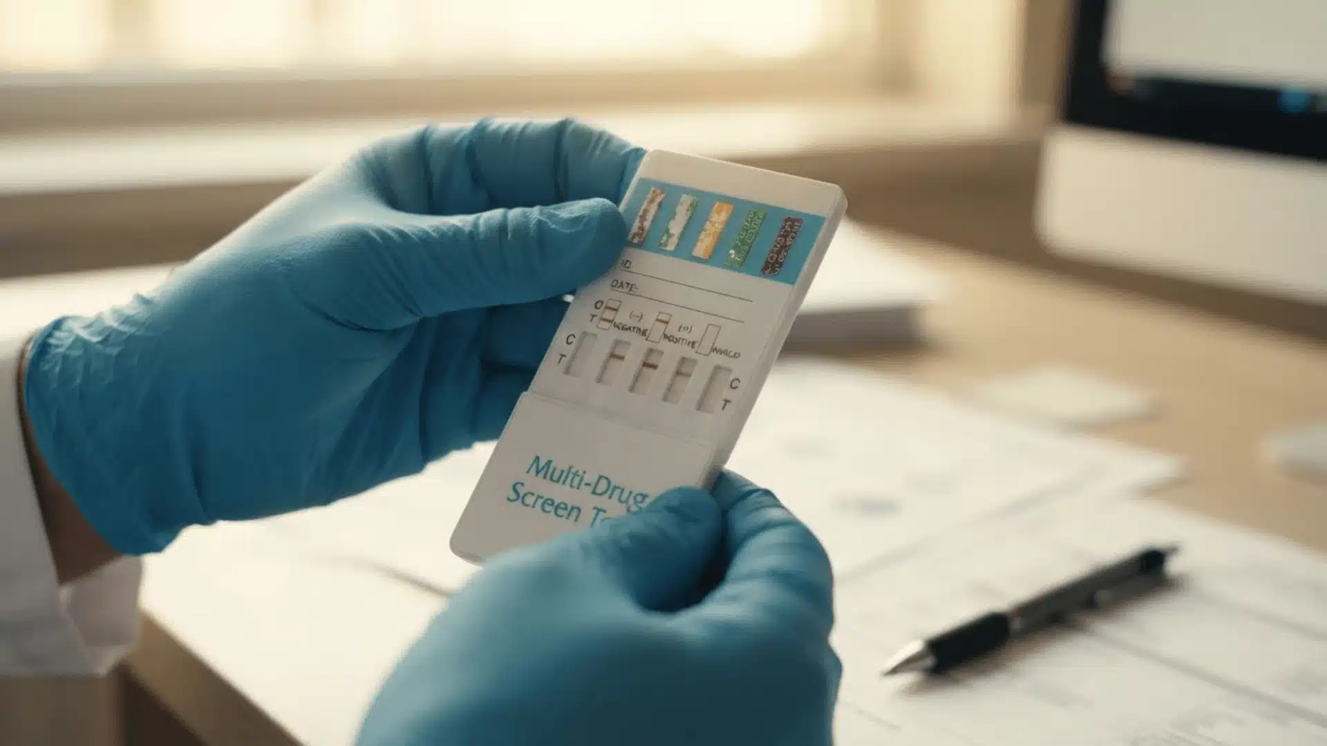 close up photo of hands holding a positive drug test result card in an office setting