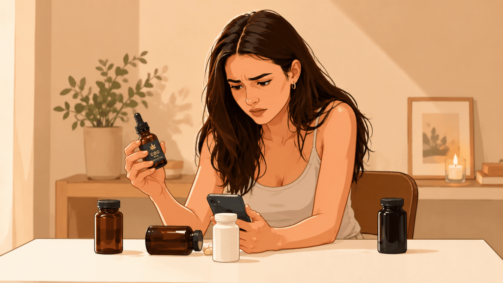 woman checking cbd oil bottle with phone and supplements while reviewing product details at home