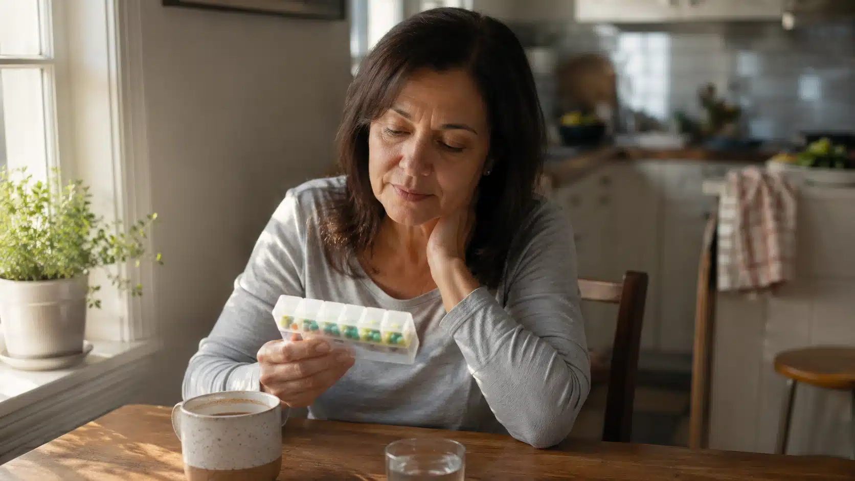 woman with weekly pill organizer reflecting the prozac half life dosing routine