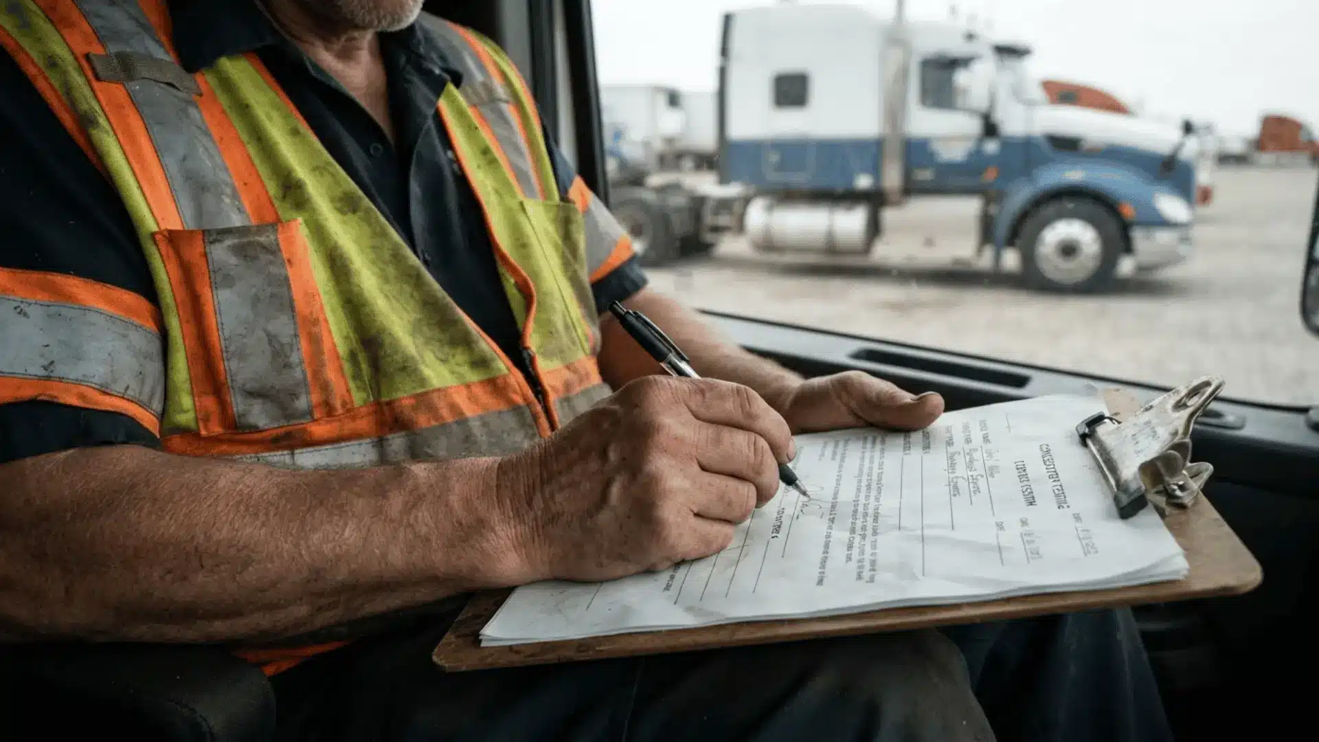 truck drivers hand signing a drug test consent form on a clipboard at a truck stop